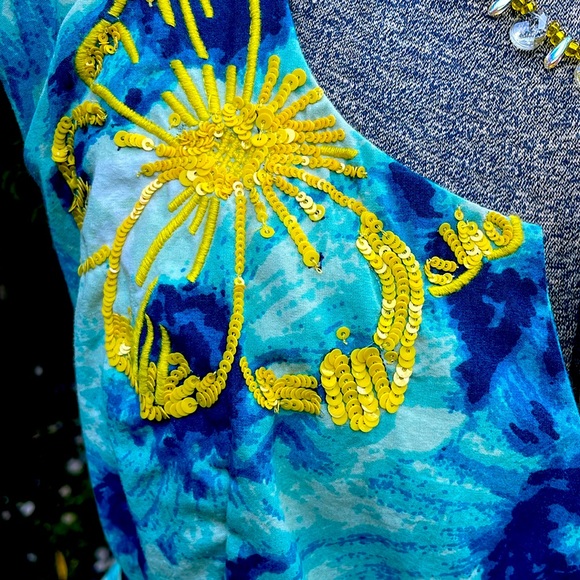 FLOREAT BY ANTROPOLOGIE  BLUE FLORAL / YELLOW SEQUINS SUMMER DRESS - 4P 💙🌸👗 - Picture 3 of 14